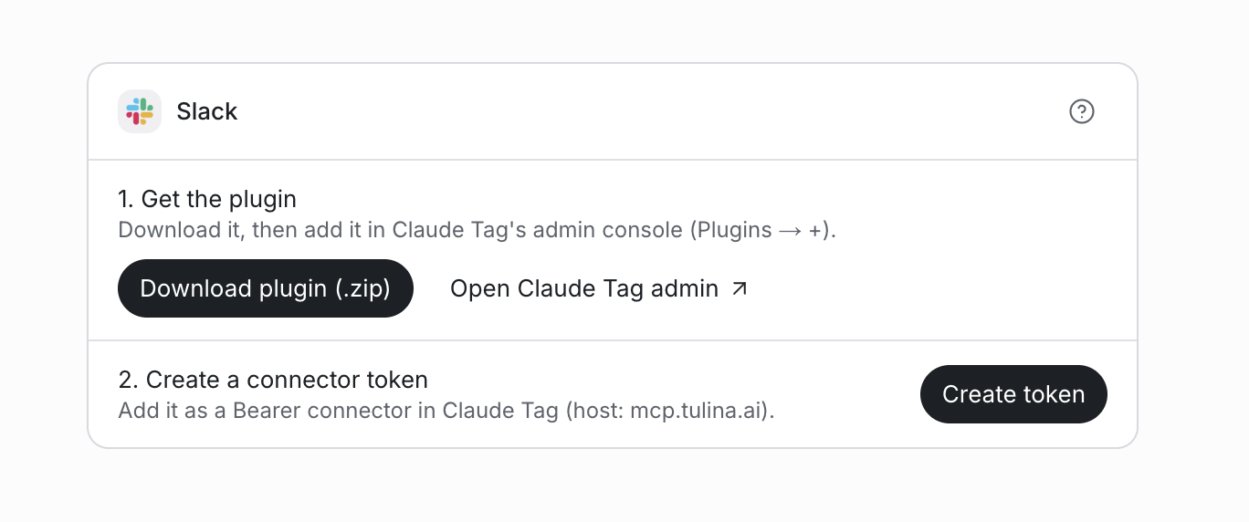 The Slack card in Tulina's Settings → Plugins page, with Download plugin, Open Claude Tag admin, and Create token